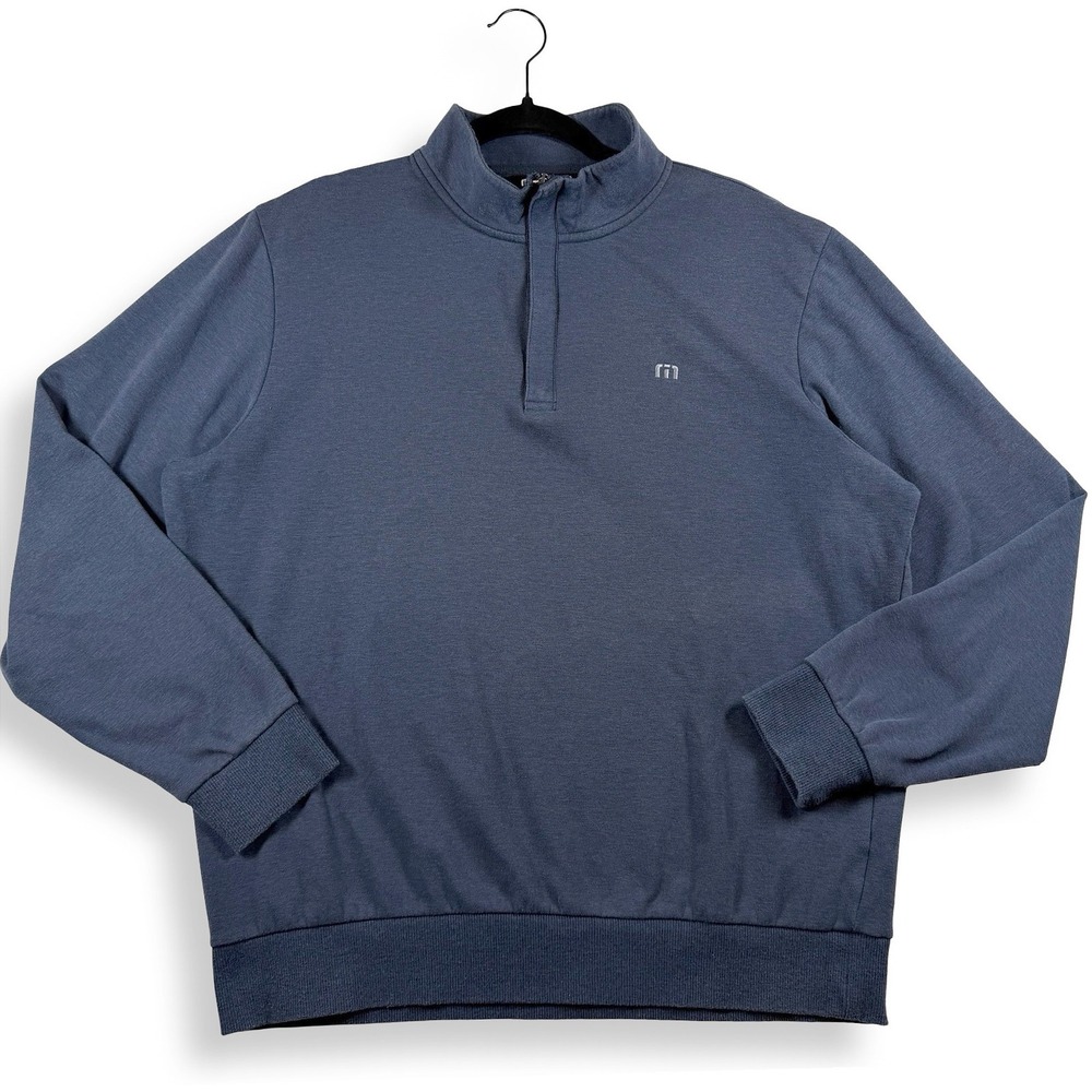 TravisMathew Mens L Navy Heather Quarter Zip Pullover Golf Sweater Stretch Logo